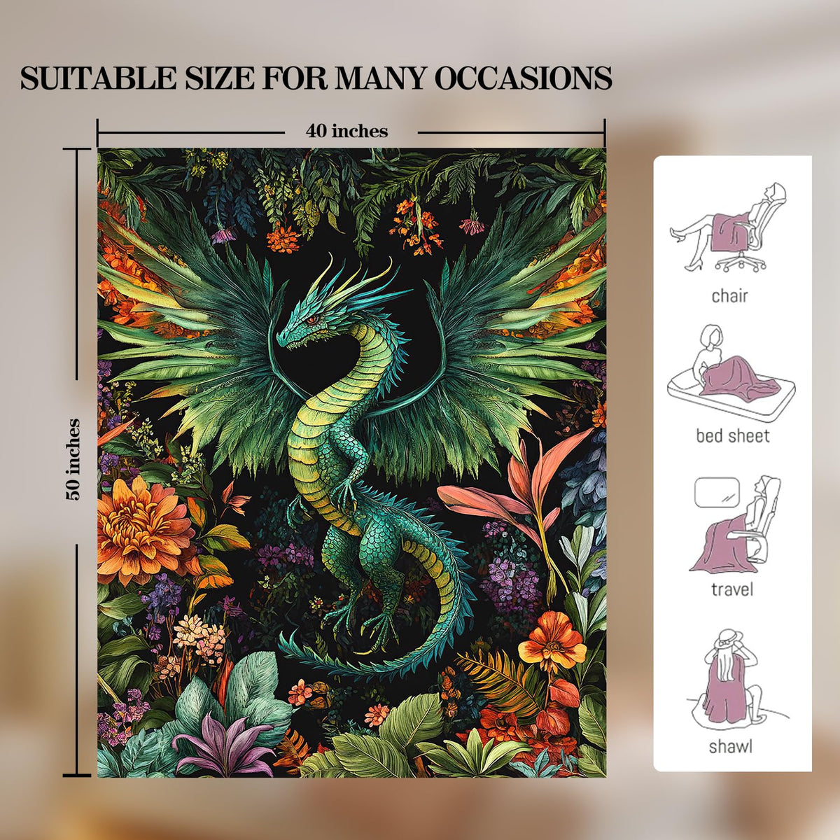 Dragon Blanket Dragon Decor Cozy Animal Throw Super Soft Plush Flannel Fleece Blanket Gift for Kids Adults Men Women Ultra Warm & Lightweight Flannel, 50"X40"