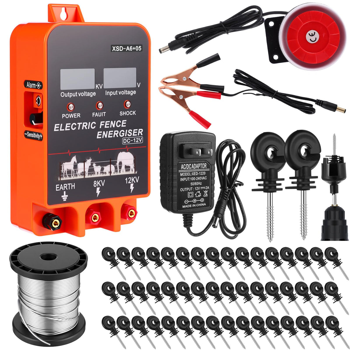 MorningRo 2J Electric Fence Charger with Digital Display & Alarm, AC/DC Dual Power, 12V Input 8KV/12KV Output, 250ft Aluminum Wire 50 Insulators & Socket Tool for Fence Boundary Applications