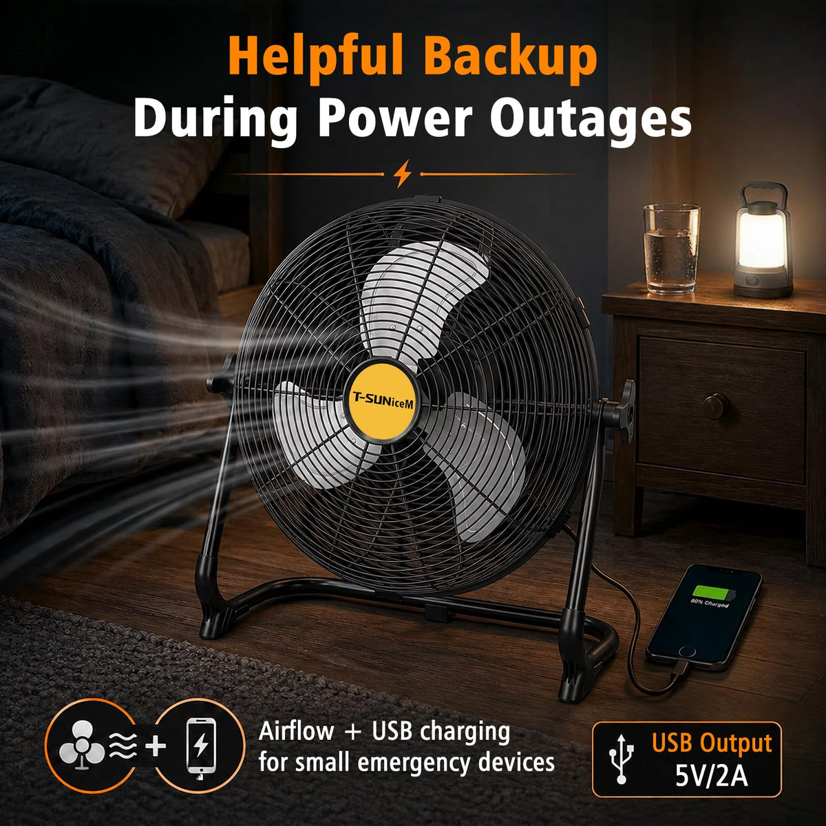 T-SUNiceM 12" Solar Powered Fan for Tent Camping, RV Trips & Patio, Rechargeable Cordless Floor Fan with Solar Panel, USB Output for Bedside Backup, Porch, Greenhouse, Chicken Coop