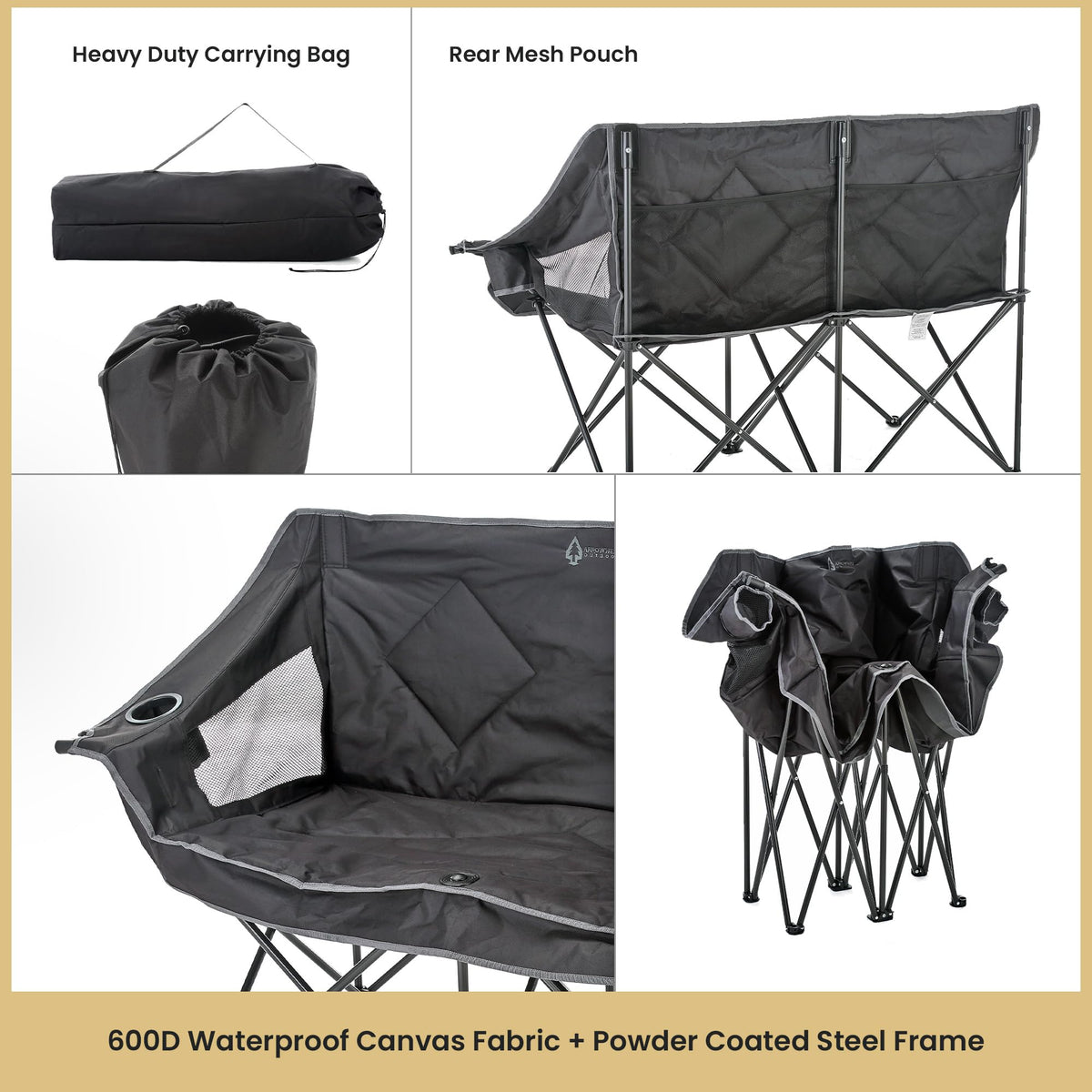 ARROWHEAD OUTDOOR 2-Pack Portable Folding Camp Loveseat Chair w/Glass & Cup Holders, Heavy Duty Carry Bag, 650 lbs Weight Capacity