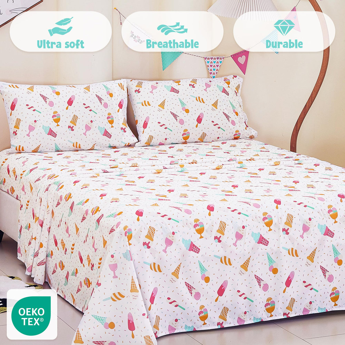 CozySmile Twin Sheet Set Kids,3 Pieces Breathable Soft Microfiber Bedsheets for Child Girls, Oeko-TEX, Anti Pilling Deep Pockets Easy Care Bed Sheets, Ice crea