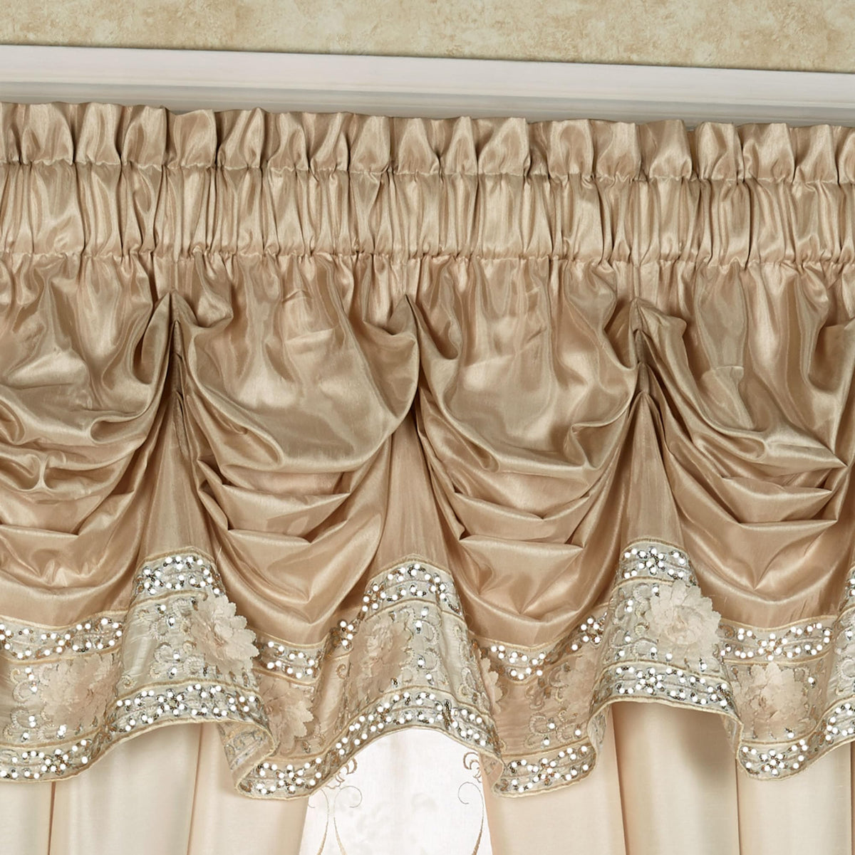 Luxury Elegante Sophisticated Polyester Faux Silk Window Treatment | Light Cream Ivory Metallic Gold | Shimmering Sequins Embroidery Floral | 2 Piece Set with Tuck Valance and 96L Curtain Pair