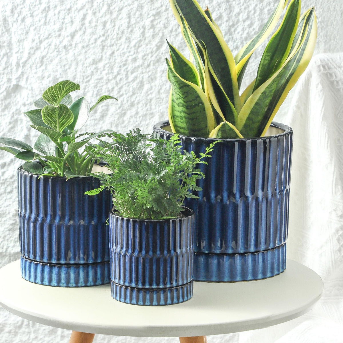 HASENSE Ceramic Plant Pots Set of 3 (8+6+4.6 Inch), Flower Planters with Drainage Hole and Saucer, Indoor Planter Pots for Succulents, Herbs, Ideal for Home Office Desktop Garden Decor(Blue)