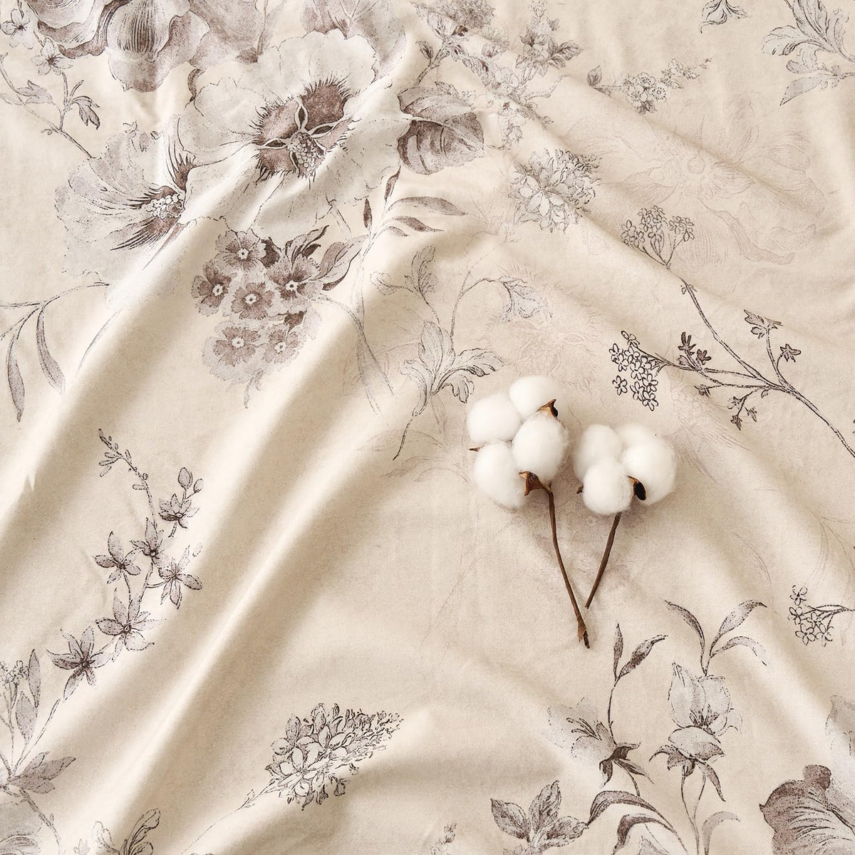 Huborise Beige Queen Sheet Set 100% Cotton Flannel-Like Warm Luxury Peony Toile Floral Bed Sheets 4Pc Deep Pocket 17.5", Double Brushed Extra Soft Breathable, Fall/Winter French Country Bedding