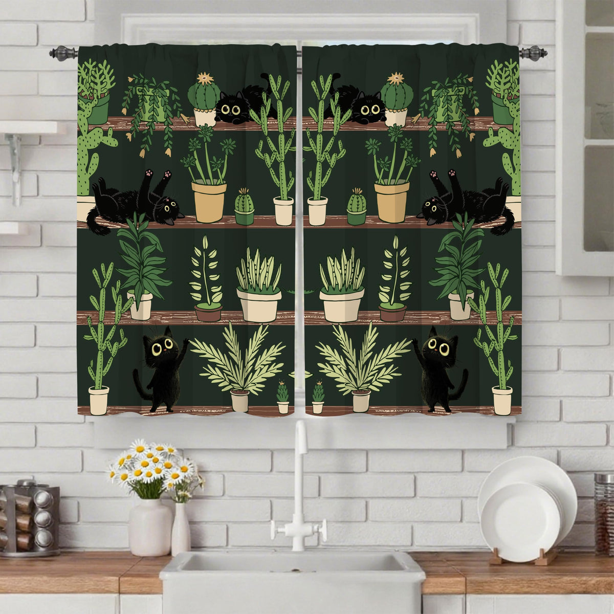 Worltoldb Black Cat Cactus Kitchen Curtains Cafe Curtains for Bathroom Dining Room Living Room Pocket Window Drapes 2 Panels Set 28"x36"