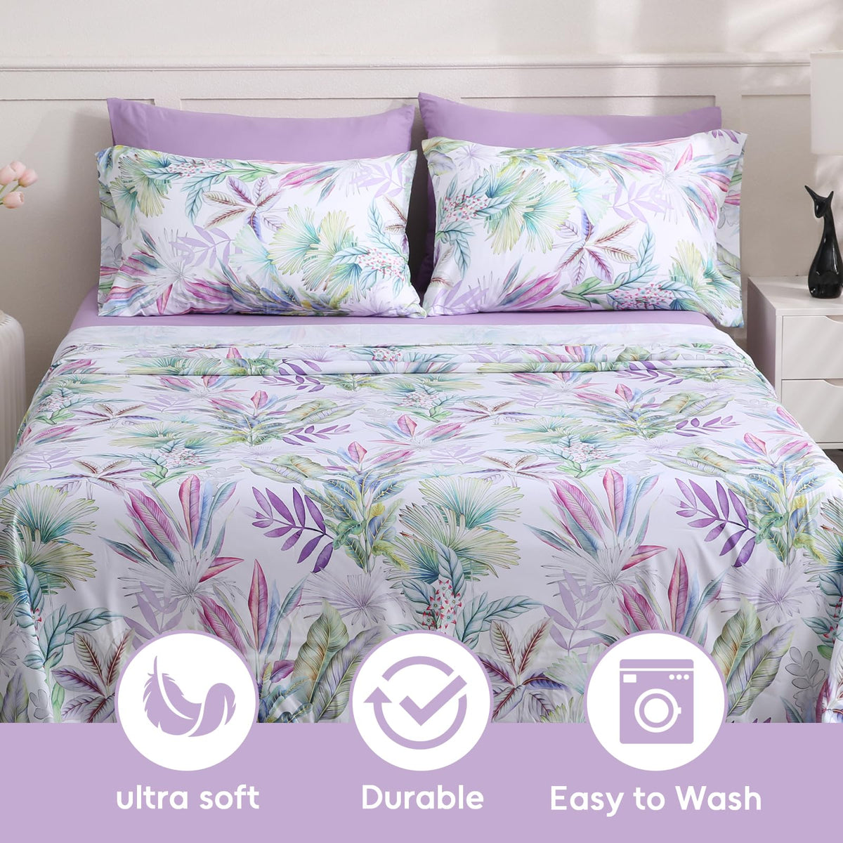 LONAVA Botaincal King Size 6 Pcs Sheet Set, Breathable Microfiber Deep Pocket Lavender Fitted Sheets, Comfy & Breathable Patterned Flat Sheets,4 Gentle Soft Pillowcases, Tropical