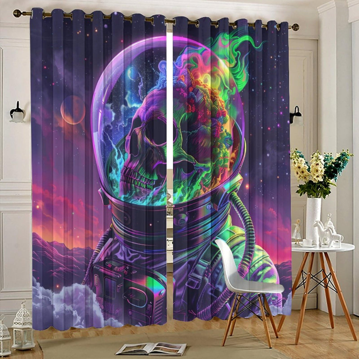 HDESDIS Mystical Horror Skull Blackout Curtains for Bedroom, Gothic Astronaut Skeleton Star Space Grommet Curtains Thermal Insulated Window Drapes for Living Room, 21W x 45L, 2 Panels