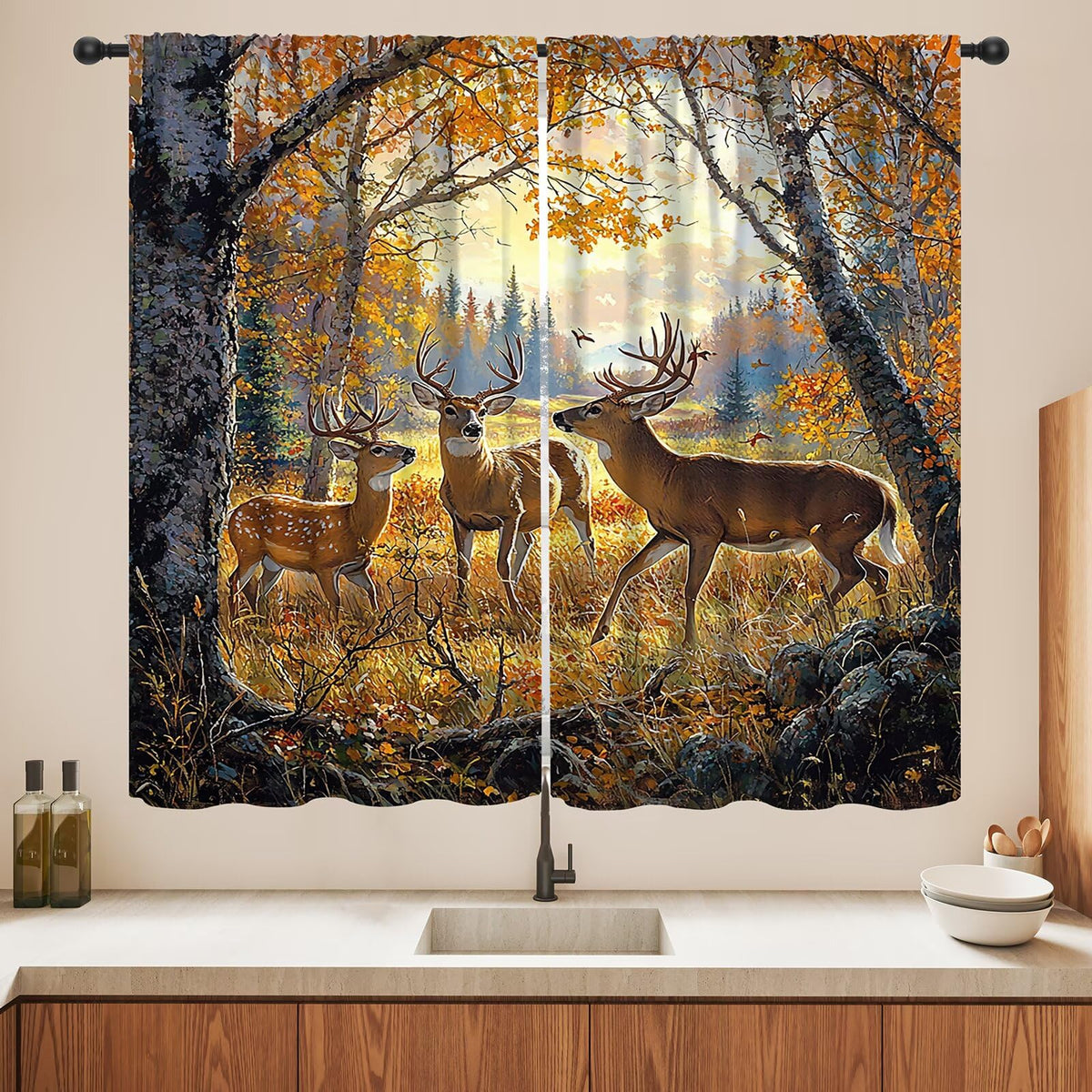 LOMADIA Wildlife Deer Blackout Curtains, Rustic Forest Hunting Farmhouse Retro Elk Pattern Drapes Home Window Treatments Curtain for Kitchen Bedroom Living Room Decor 42" W x 45" L