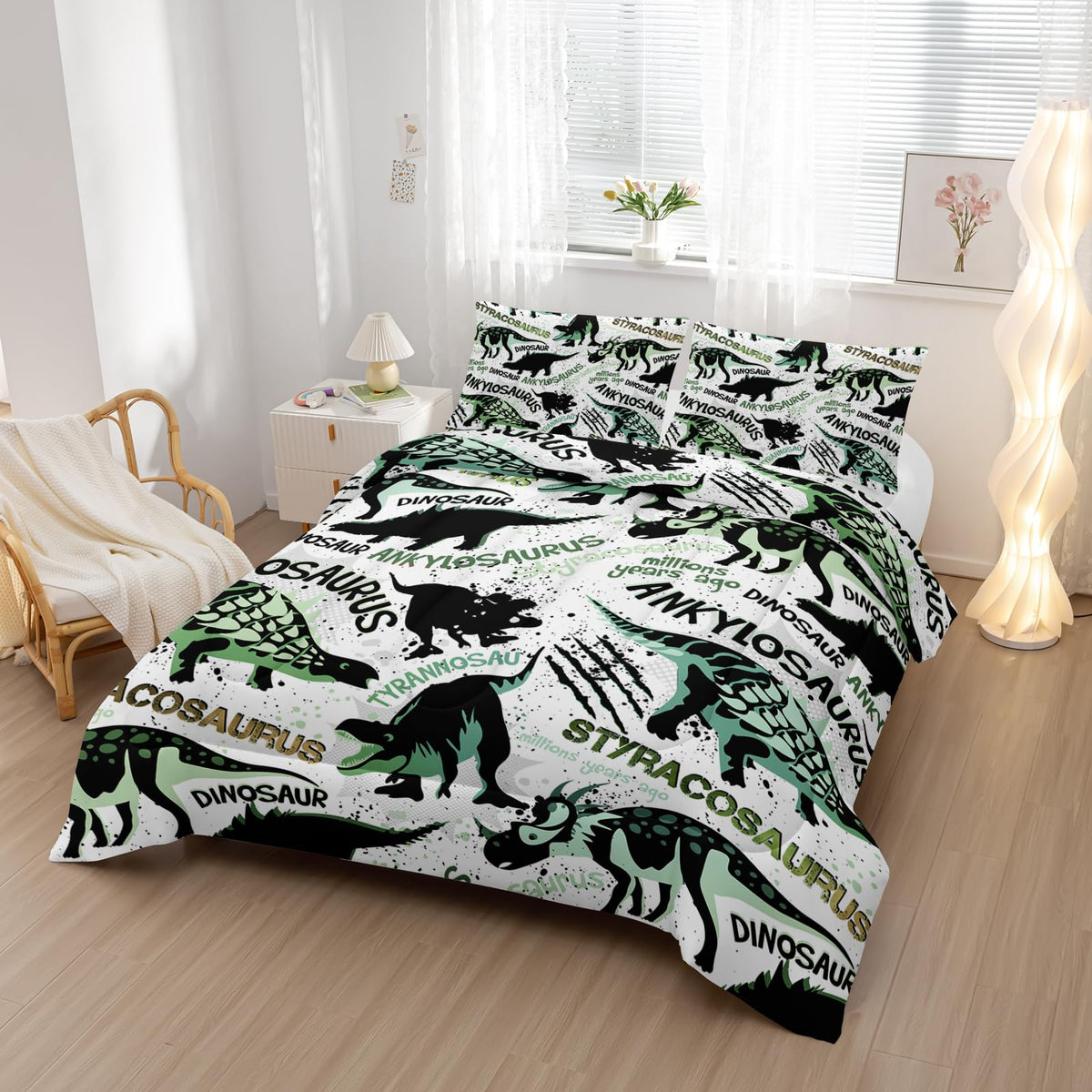 Nttopship Cartoon Dinosaur Comforter Sets 3 Pieces, Cute Animal Printed Bedding Sets for Boys Kids Adults Room Decor Comforter and 2 Pillowcases(Dinosaur Twin)