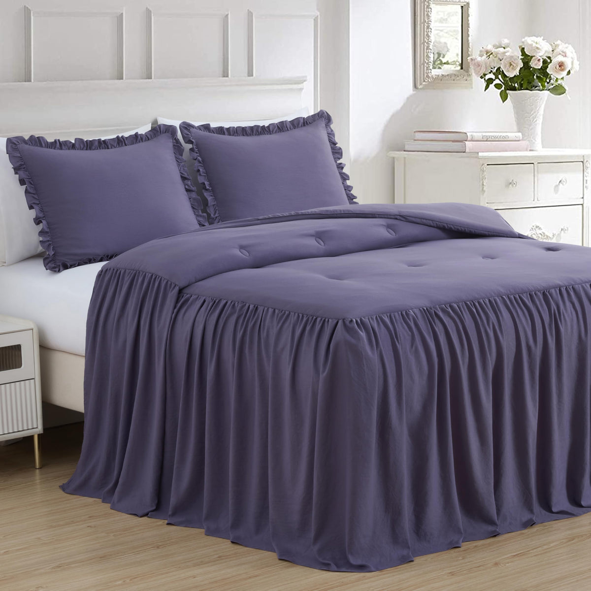 Chezmoi Collection Sinclair 3-Piece Ruffle Skirt Bedspread Set - Soft Lightweight Crinkle Texture Microfiber Bedding - French Country Chic Farmhouse - Queen, Dusty Purple