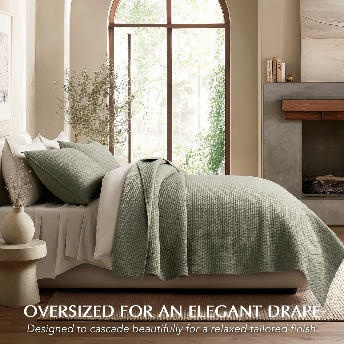 EVERGRACE Cotton Sateen Pick-Stitch Quilt Set King Size – 100% Cotton Coverlet Bedding, Pre-Washed Oversized Bedspread, Breathable All-Season Quilt Set with 2 Shams, Eucalyptus Green