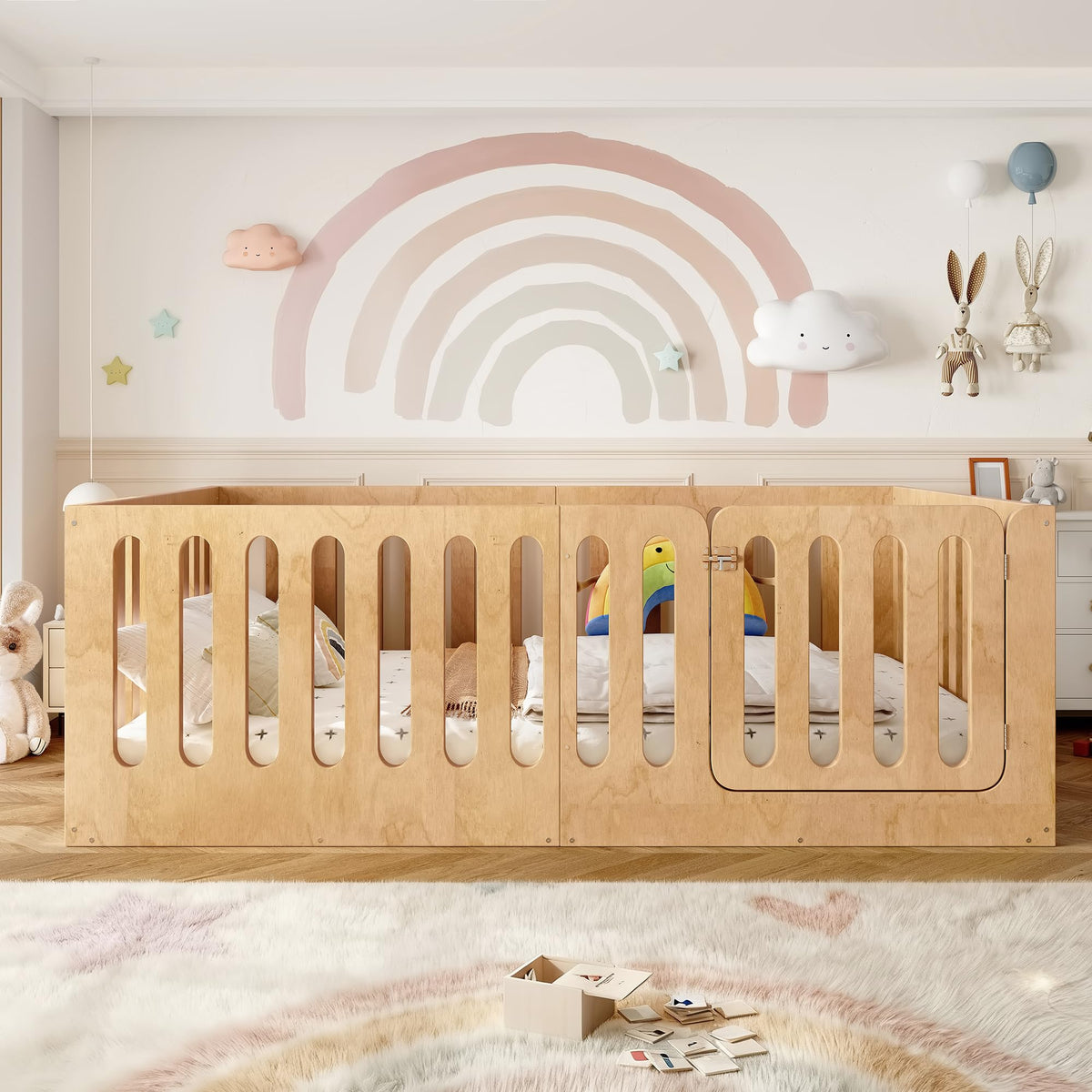KEIKI Full Size Wood Montessori Floor Bed Frame with Door, for Girls and Boys, Modern Style Low-Profile Design Floor Bed with High Fence, Easy Assembly, No Box Spring Required, for Bedroom, Natural