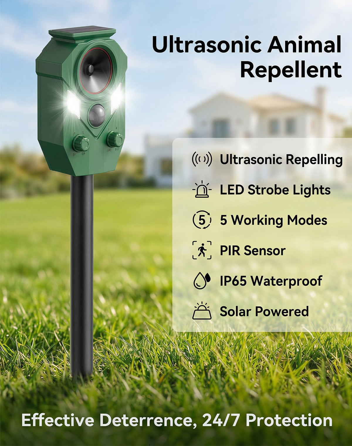 4 Pack Solar Deer Repellent Devices with Motion Sensor & LED Lights, Waterproof Cat Repellent Outdoor, Ultrasonic Animal Repeller Repels Dog, Raccoon, Skunk, Coyote for Garden, Yard & Lawn