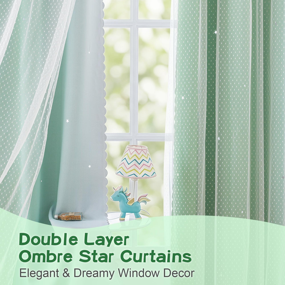 MYSKY HOME Kids Green Blackout Curtains for Boys Bedroom Decor Living Room, Hollow-Out Stars Thermal Insulated Grommet Ombre Curtain for Nursery Room, W34 X L90 Inches Long, 2 Panels