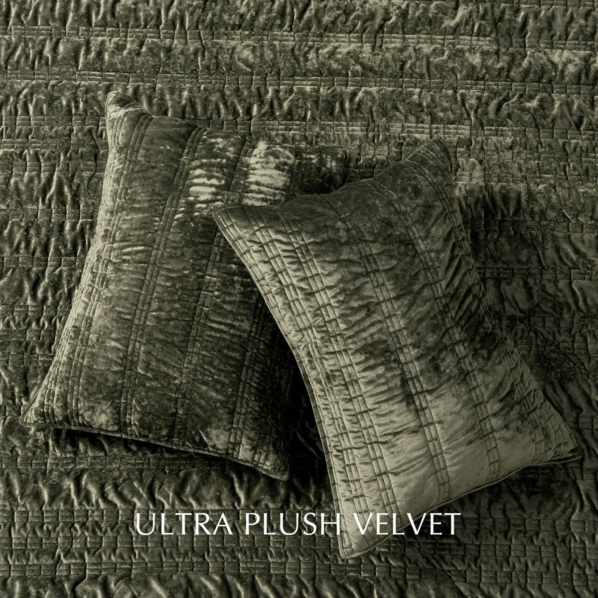 EverGrace Luxury Ruched Velvet Quilt Queen Size, Ultra Soft Bedspread Coverlet Set, Lightweight Velvet Comforter, Quilted Bedding Cover with 2 Matching Shams for All Season, Olive Green
