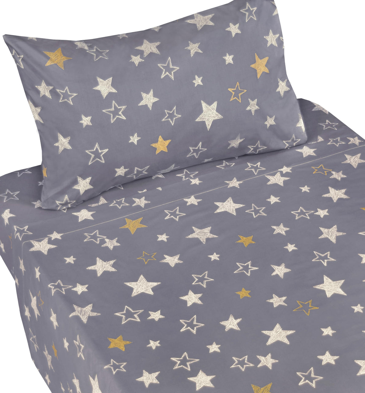 J-pinno Twinkling Stars Yellow Silvery Grey Hand Drawn Cute Cartoon 100% Cotton 3 Pieces Twin Sheet Set for Kids Boys Children Flat Sheet + Fitted Sheet + Pillowcase Bedding Decoration Gift Set
