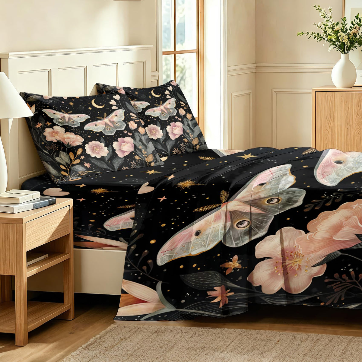 Pink Luna Moth Bedding Set 4 Pcs Girls Moon Star Queen Sheets