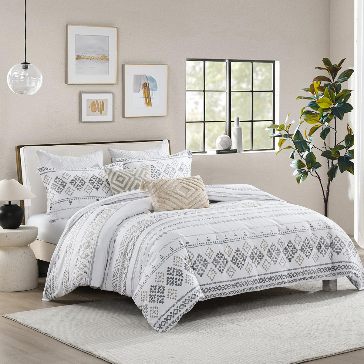 VOOVY Duvet Cover King - 100% Cotton Boho Duvet Cover King Size, 3 Pieces Bohemian Geometric Lightweight Soft Breathable Bedding Duvet Covers Set for All Season (Charcoal, 104"x90", No Comforter)