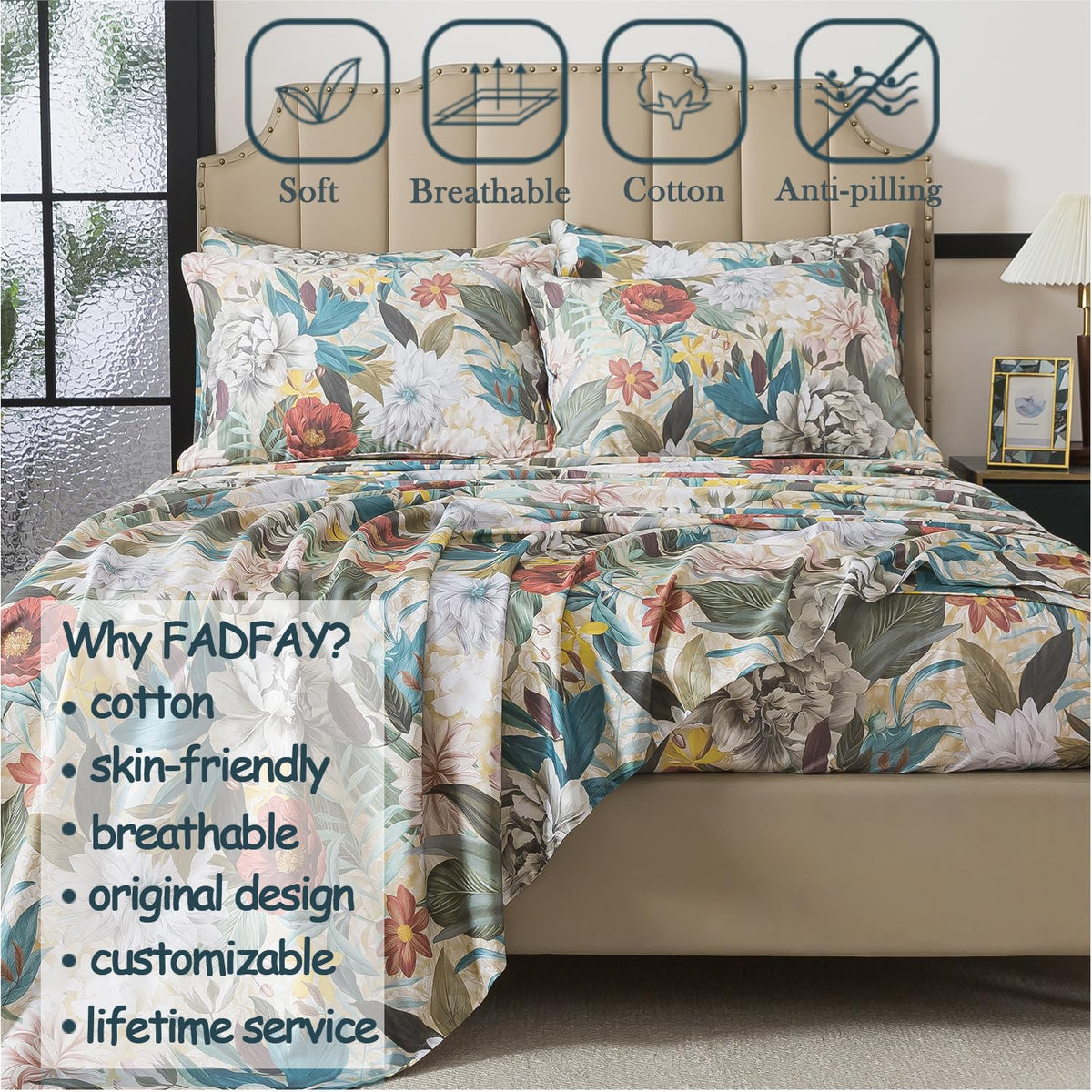 FADFAY California King Sheet Set, 100% Cotton Sateen Soft Breathable, Luxury Vintage Floral Bed Sheets, Deep Pocket Fitted Sheet, Classic Garden Style Bedding, 4 Pieces