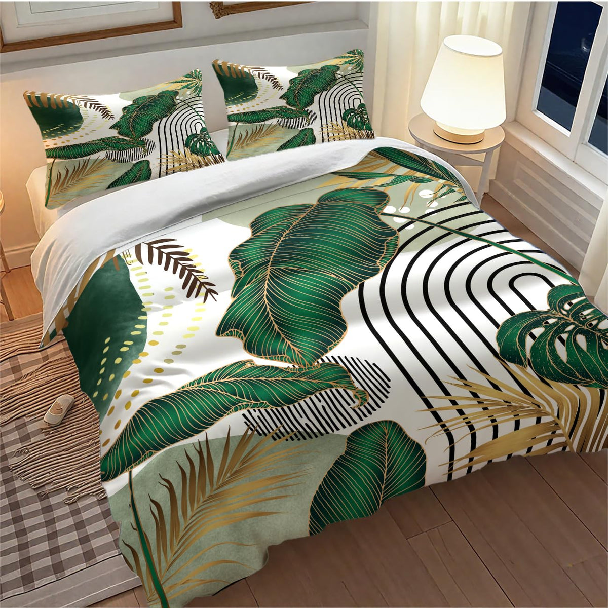 Lnepty Boho Bedding Set,Modern Abstract Tropical Monstera Palm Leaf Plant Minimalist Spring Summer Bohemian Mid Century Comforter Set with Pillowcase for Bedroom Bed Decor，Twin 86"x70"