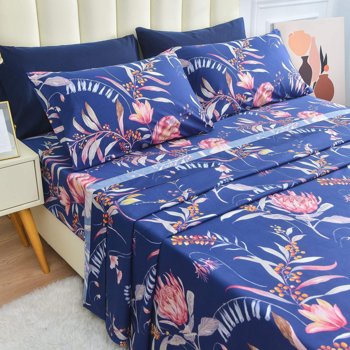 JSD Navy Blue Floral Printed King Sheet Set, 6 Piece Botanical Pattern Microfiber Sheets Extra Deep Pocket