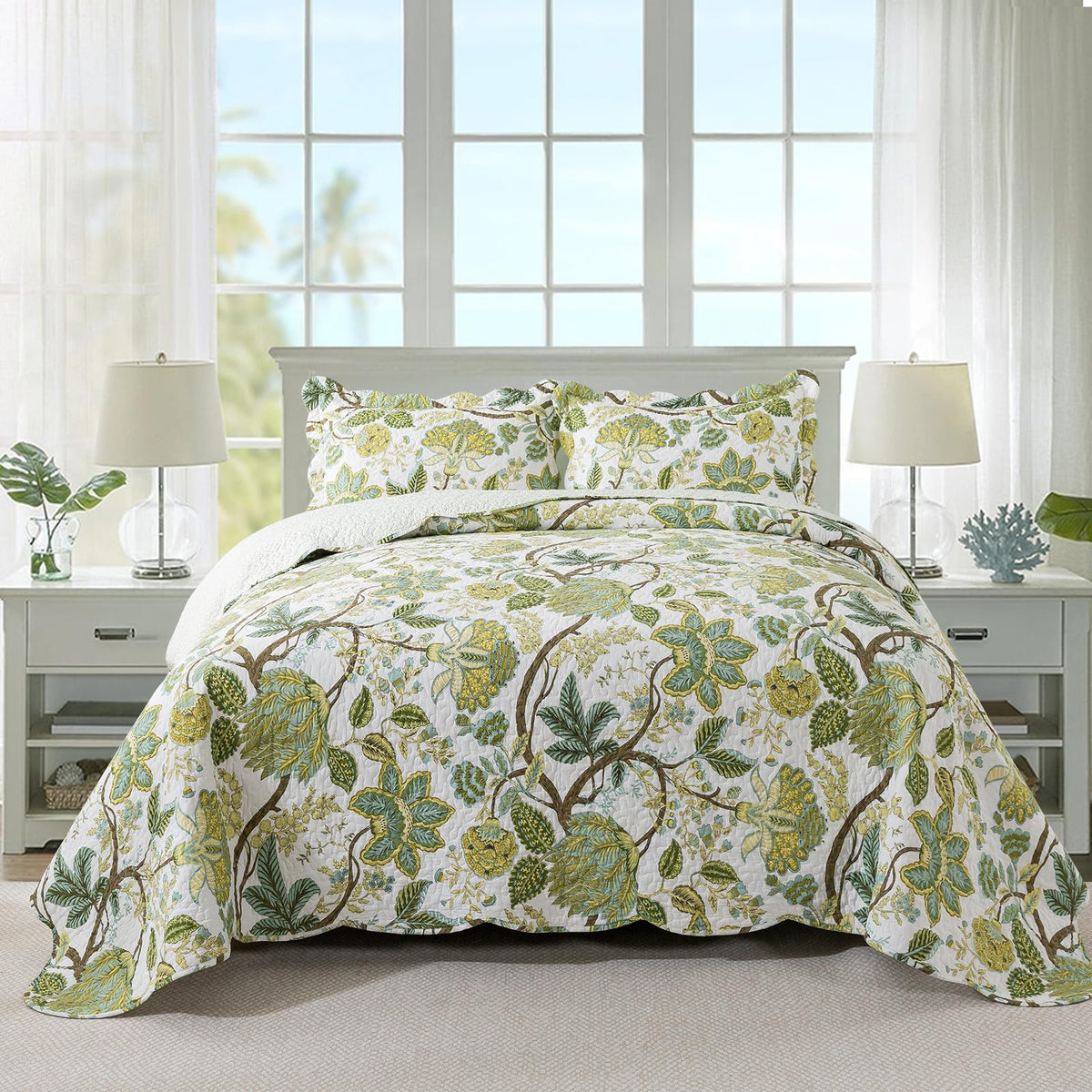 Travan 3-Piece Quilt Set Quilted Bedspread Cotton Coverlet Set Floral Oversized Quilted Bedding Set for All Season, White Vine, Queen Size