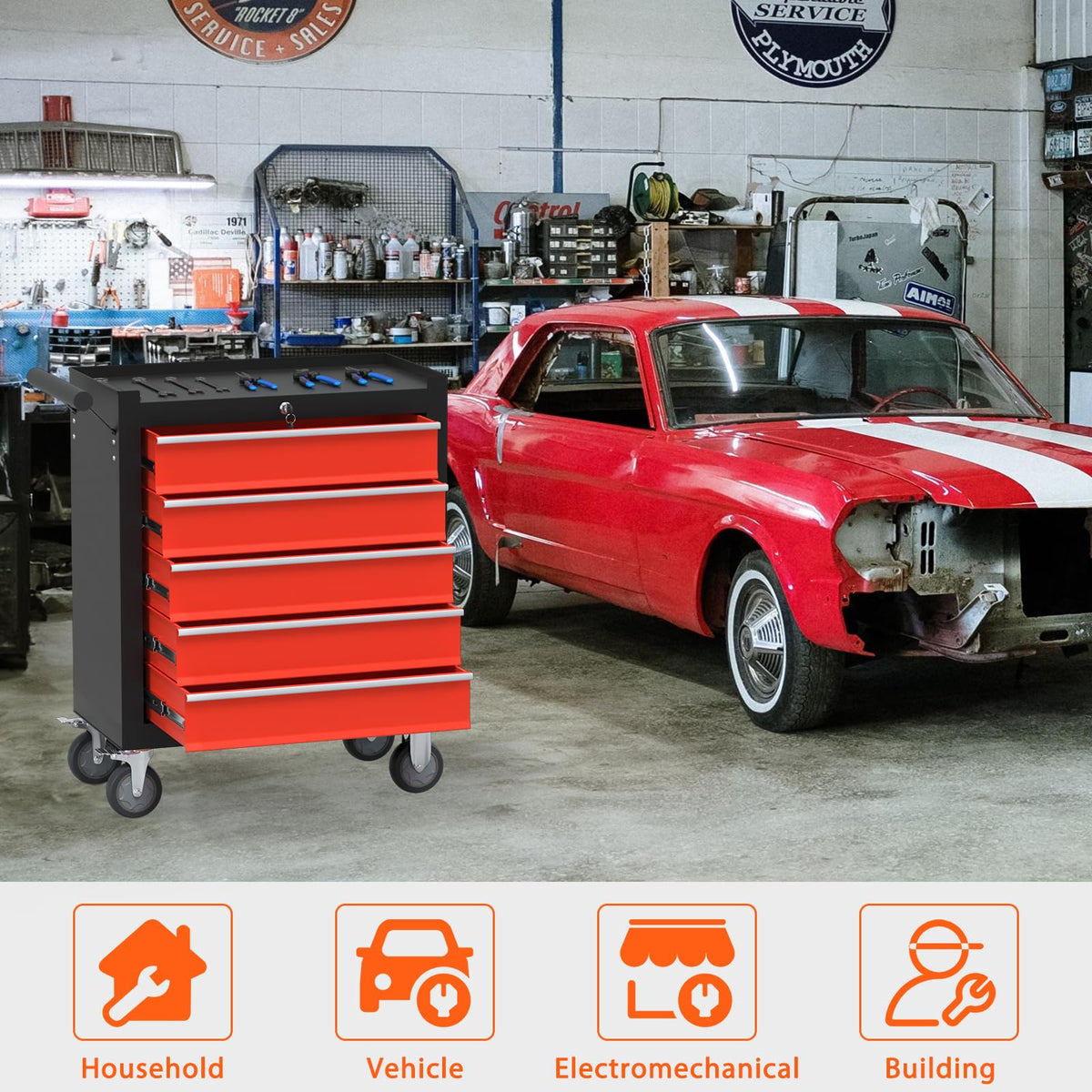 Granper 5-Drawer Rolling Tool Chest, Tool Box with 4 Wheels and Drawers, High Capacity Detachable Mobile Tool Storage Cabinet for Garage, Workshop, Mechanics and Repair Room (Blackred)