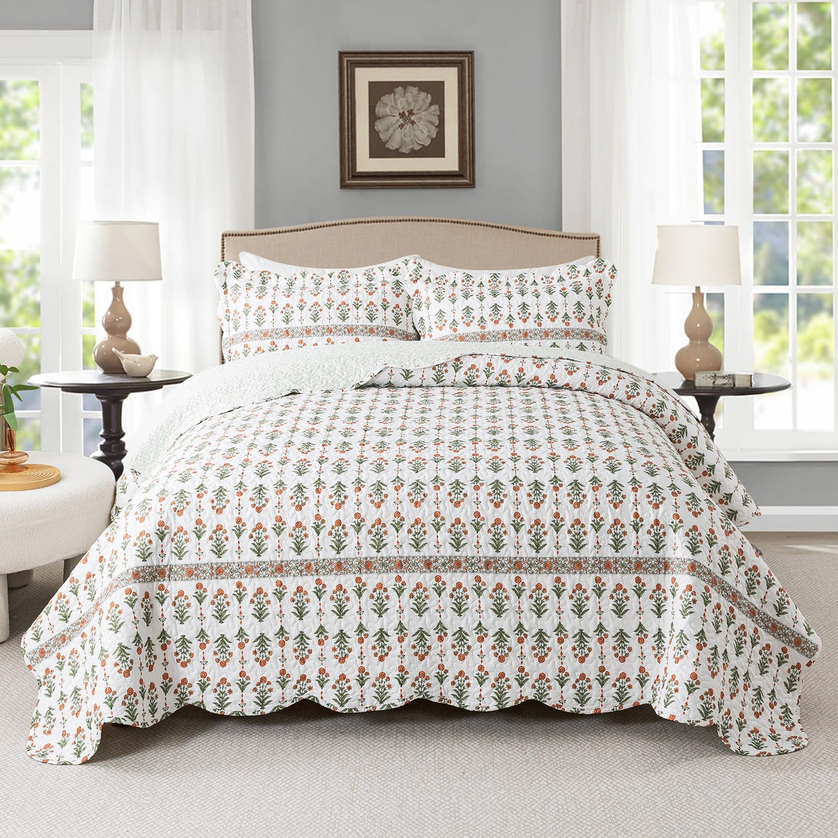 Travan 3-Piece Quilt Set Quilted Bedspread Lightweight Coverlet Set Garden Style Floral Printed Oversized Quilted Bedding Set for All Season, Orange Mirror, King Size