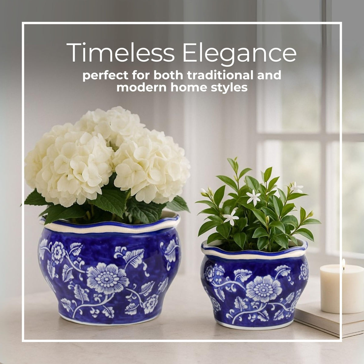 Set of 2 Round Chinoiserie Decorative Ceramic Planter Pots – Stoneware Outdoor & Indoor Plant Pots with Drainage – Modern Garden & Home Decor Planters – 6" & 5", Blue & White