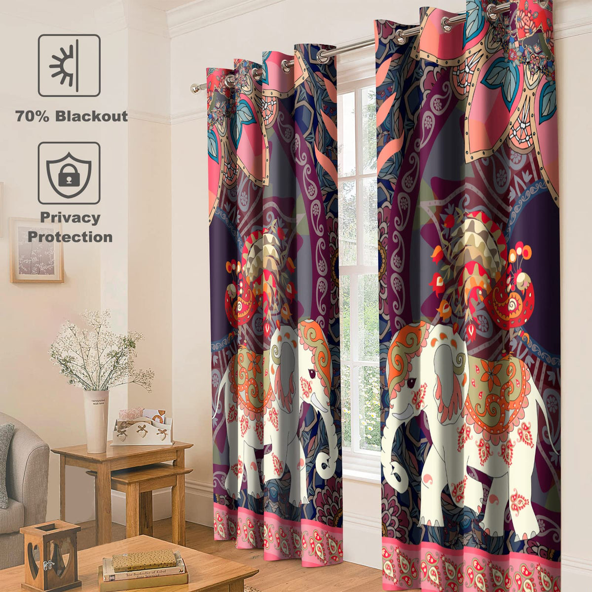 Jekeno Boho Elephant Blackout Curtains Bohemian Animal Peacock Mandala Flower Pattern Print Decor Bedroom Living Room Darkening Grommet Window Drapes 2 Panels Set, 52" x 84"