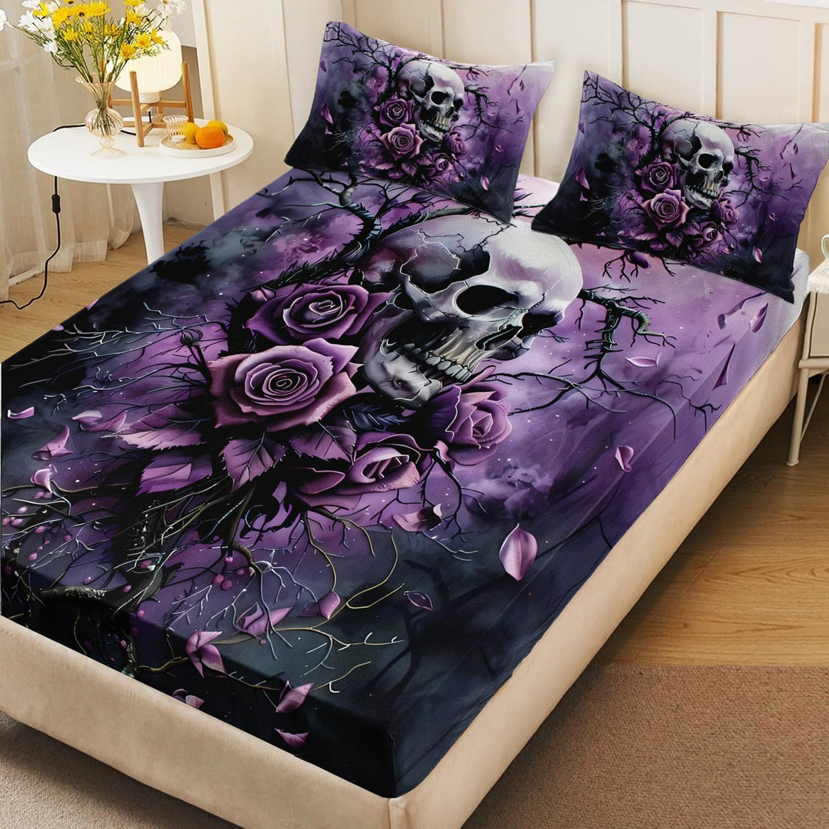 HOSIMA Death Skull Fitted Sheet Full,Skull Surrounded by Flowers Print Gothic Bedding Set,Branch Pattern Horror Themed Halloween Bedding for Boys Girls Room Decor,1 Fitted Sheet+2 Pillowcases.