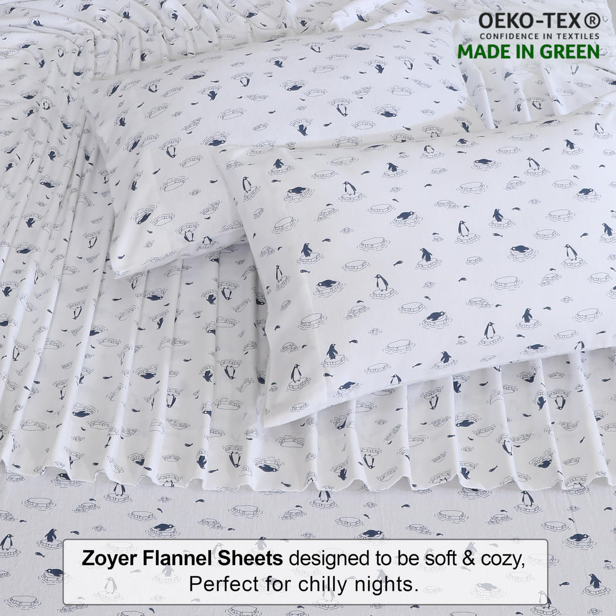 ZOYER Flannel Sheets King Size - 100% Cotton Double Brushed King Size Sheets Set - Deep Pockets 16 Inches Bed Sheets - All Seasons Breathable & Extra Soft - Warm & Cozy, 4 Piece, Peguin Edge