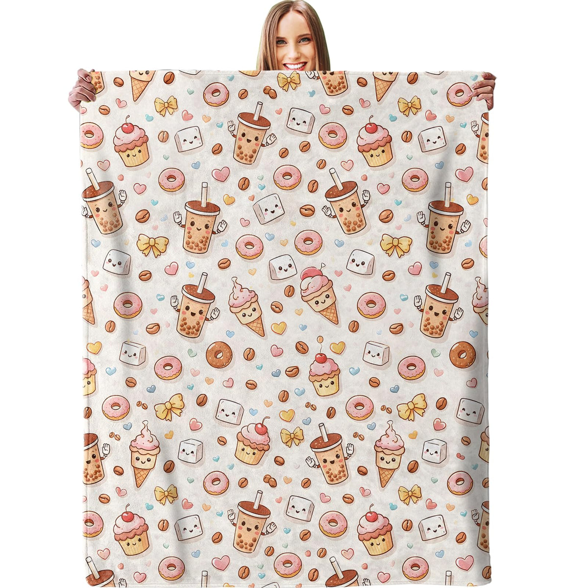 Cute Milk Tea Dessert Blanket, Soft Kawaii Donuts with Cupcakes Throw Blanket Gifts for Women Girls Kids, Sweet Food Lightweight Warm Cozy 60×50 inch Flannel for Couch, Travel, Bed, Decor, Outdoor
