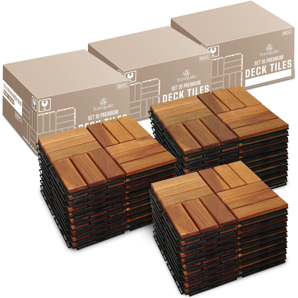 Tranquillo Interlocking Deck Tiles 12”x12”, Acacia Wood Patio Tiles, Waterproof Flooring Tiles for Indoor and Outdoor – Non-Slip, Easy Installation (Natural - Crossed Pattern, 30 Pcs - 30 Square Ft)