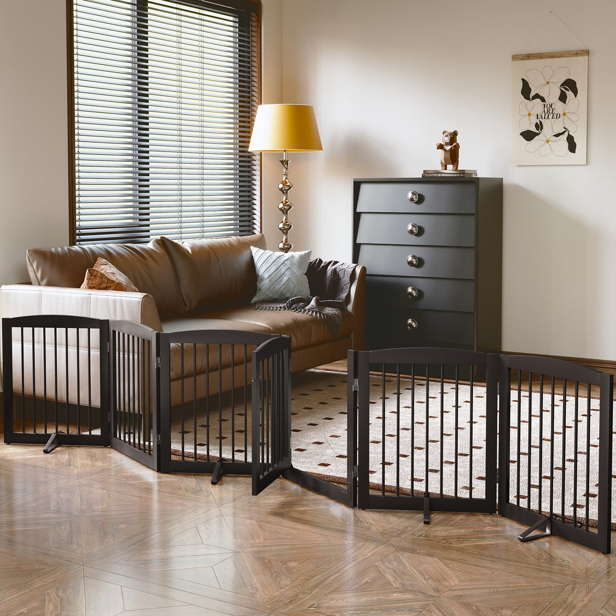 PUPETPO Freestanding Pet Gates with Walk Through Door, Dog Indoor Fence, Dog Gate for The House, Doorway, Stairs, Extra Wide Pet Gate, Support Feet Included, 120 Inch Wide, 6 Panels 24" Tall, Brown