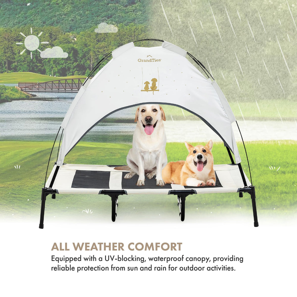 GrandTies Cooling Elevated Dog Bed with Canopy – XL Portable Pet Cot for Outdoor & Indoor Use – Waterproof Removable Shade, Breathable Mesh, Slip-Resistant Feet, Easy Assembly – Ivory White