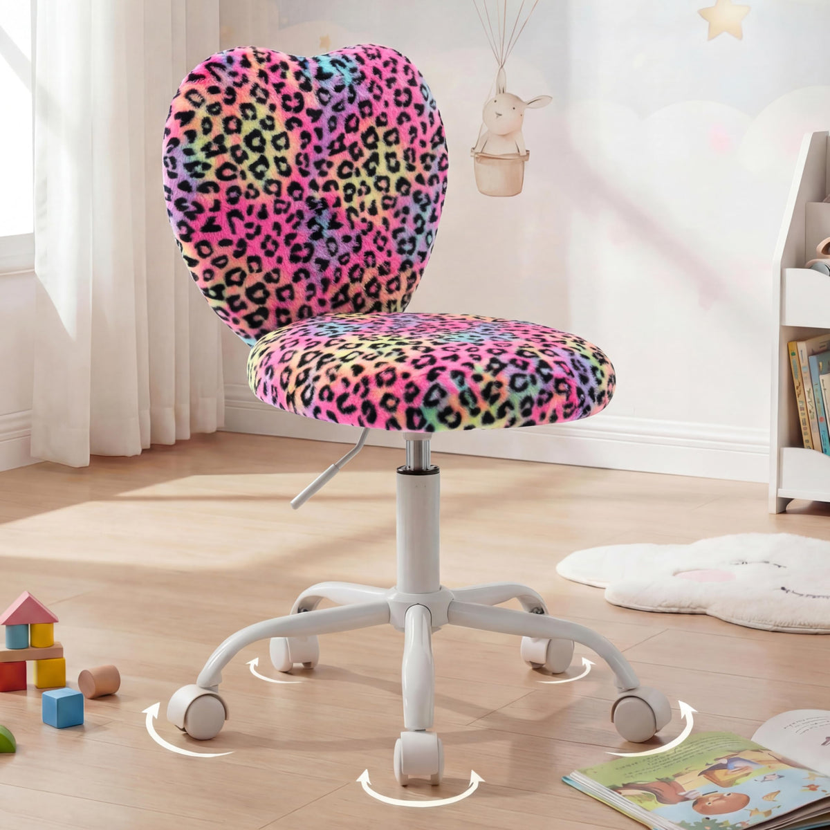 DM Furniture Cute Fuzzy Kids Chair Rolling Study Desk Chair Furry Studing Computer Task Chair Faux Fur Swivel Vanity Chair for Girls Boys Bedroom, Red Leopard