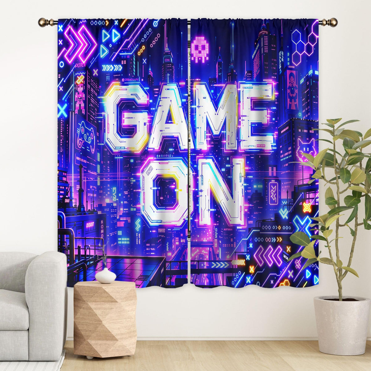 LIGHTINHOME Neon Game Curtains 42Wx63H Inch Boys Modern City Night Video Games Boys Cool Game On Urban Gaming Quotes Skulls Rod Pocket Bedroom Living Room Window Drapes Treatment Fabric 2 Panels