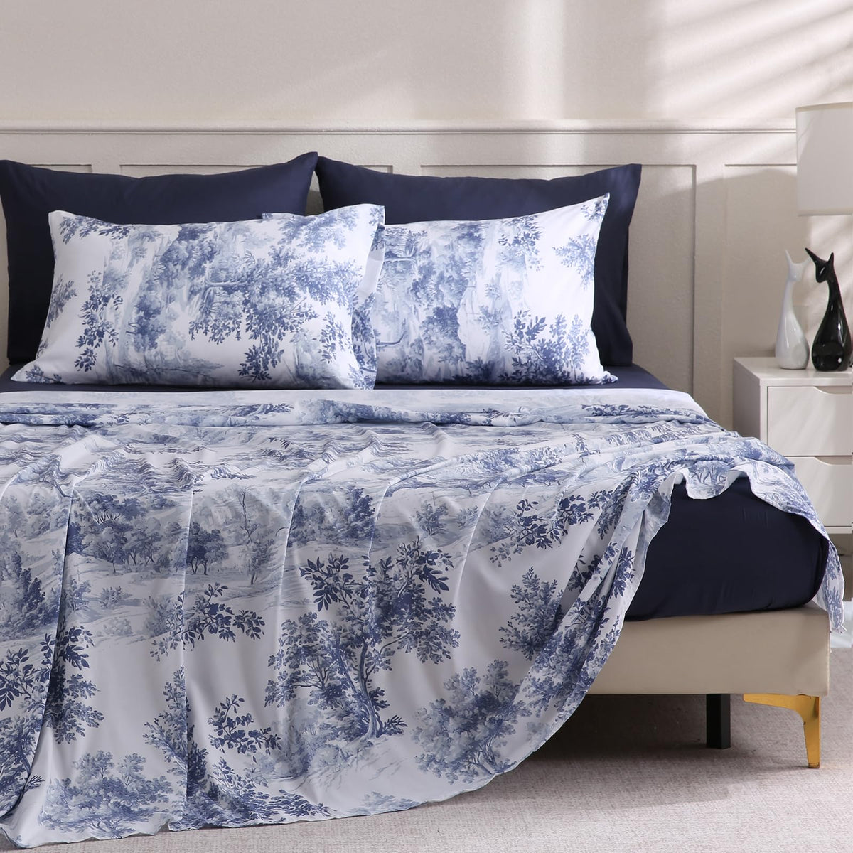 LONAVA Botaincal Queen Size 6 Pcs Sheet Set, Breathable Microfiber Deep Pocket Navy Fitted Sheets, Comfy & Breathable Patterned Flat Sheets,4 Gentle Soft Pillowcases, Blue Forest