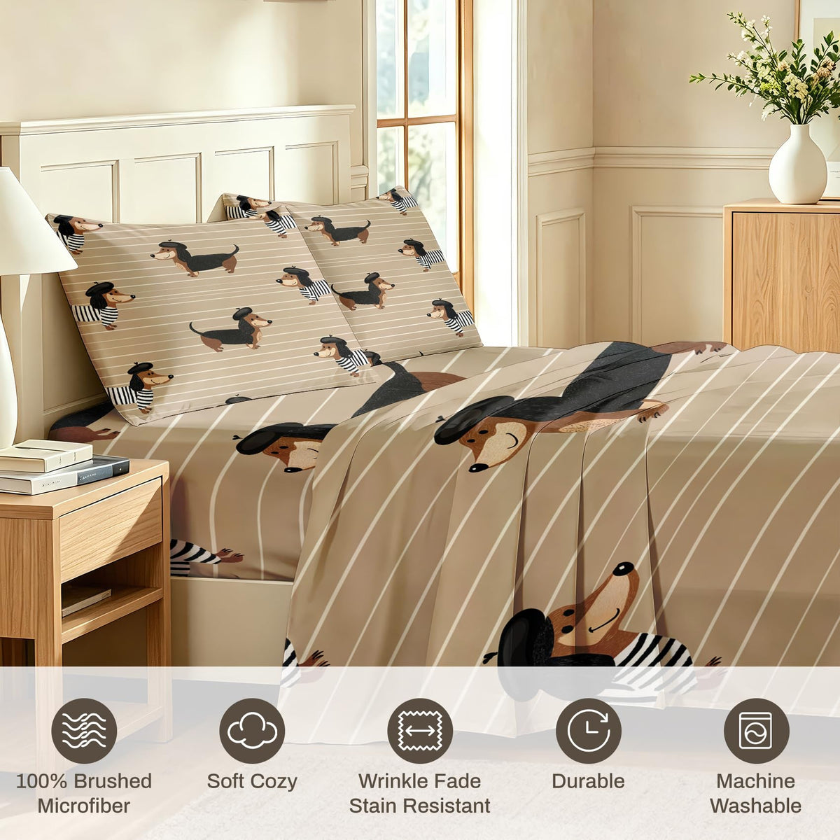 Dachshund Twin Sheet Set Boys Puppy Flat Fitted Sheet Sets, Cream
