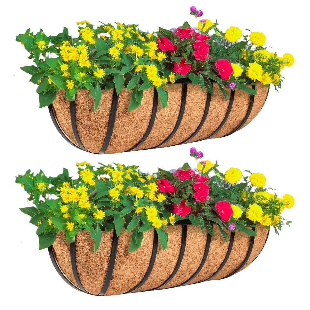 ZVOWOS 2 Pack 16" Railing Planter Window Box with Coco Fiber Liner Horse Trough Planter The Railing Planter Boxes for Deck Porch Fence Outdoor