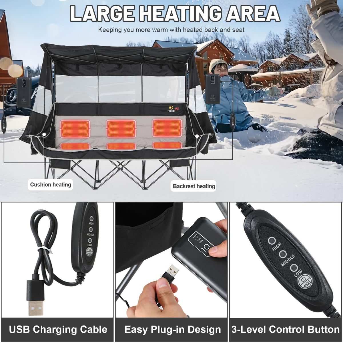 Nice C Heated 3 Seat Camping Chair with Canopy, Heated Double Folding Couch Loveseat Bench With Battery, Portable Oversized Padded Sports Umbrella Chair With Shade, Cup Holder, For Adults Outdoor Lawn