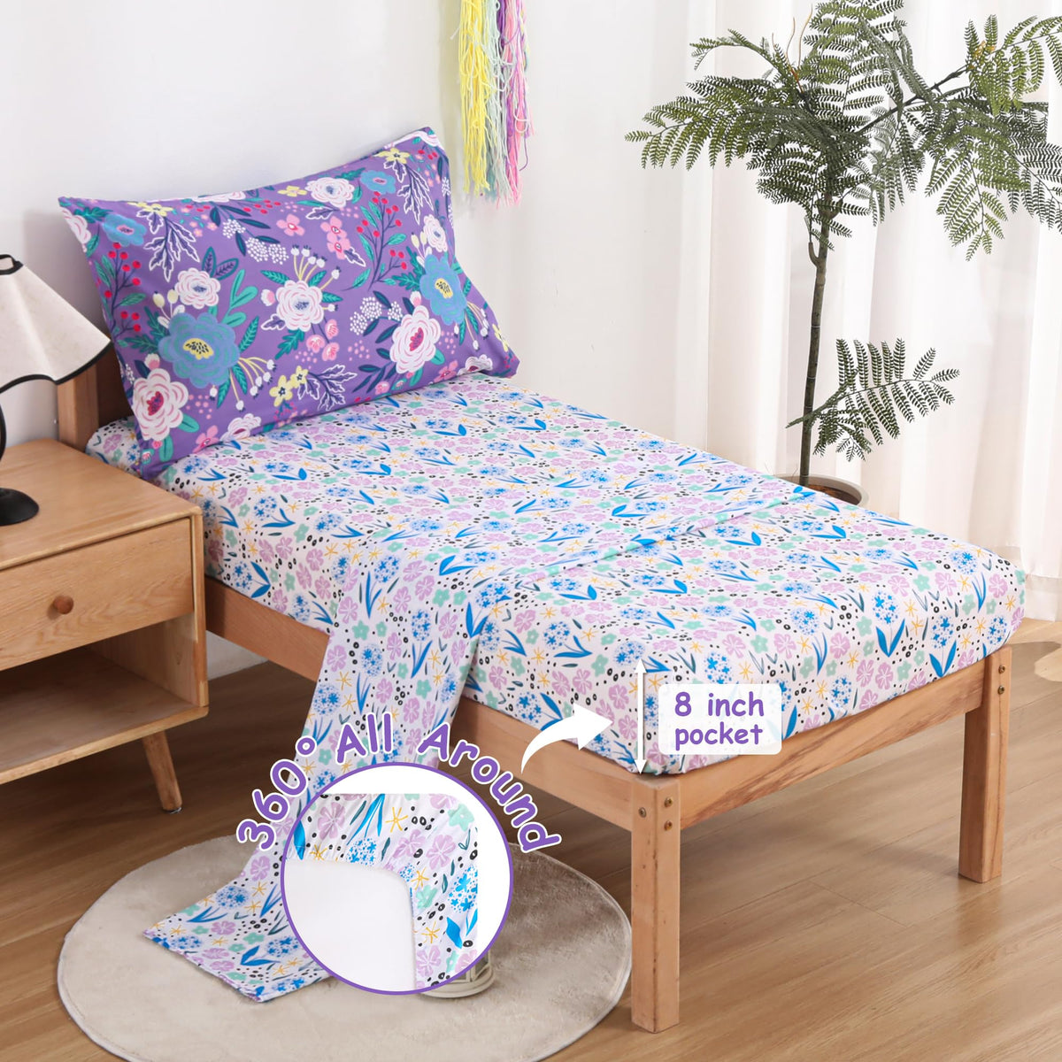 Mooreeke 4 Pieces Toddler Bedding Set - Purple Floral Toddler Comforter Sets for Girls, Includes Comforter, Flat Sheet, Fitted Sheet and Pillowcase, Bed in A Bag for Baby Bedroom