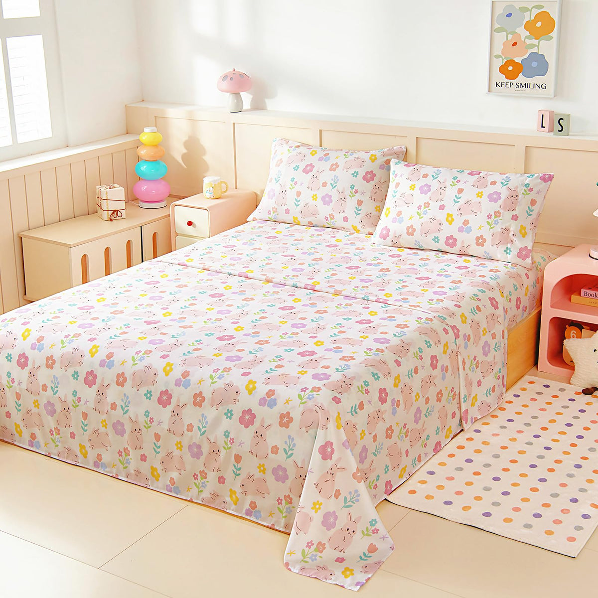 MCO Kids Full Size Bed Sheets, Soft Microfiber Full Size Sheets for Boy Girls, 4 Pieces Breathable Full Bed Sheet Rabbit