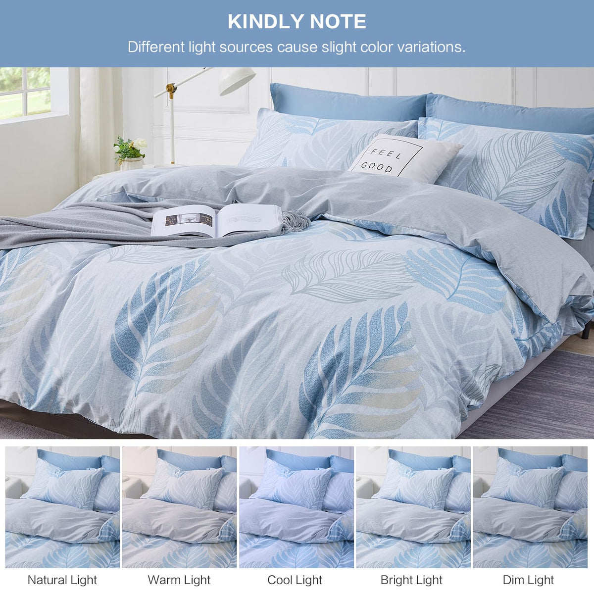 SAPHREAS Blue Leaf Duvet Cover Set Full Size 3pcs Tropical Botanical Monstera Leaf Pattern Bedding Comforter Cover Set 100% Cotton 1 Duvet Cover 2 Pillow Shams