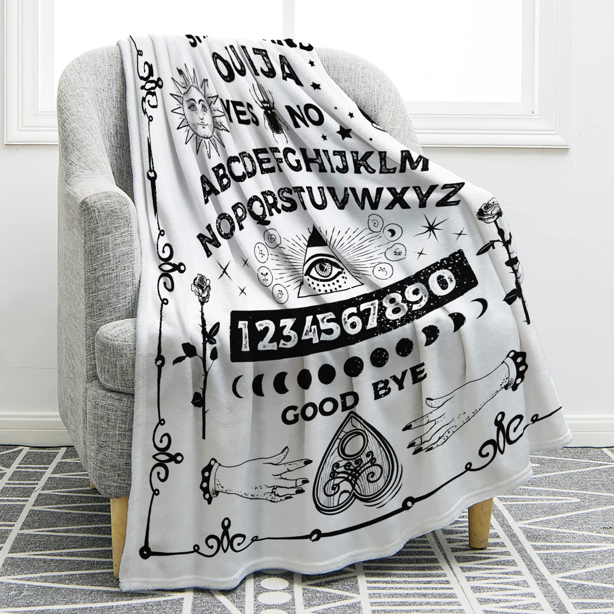 Jekeno Ouija Board Blanket Gifts for Women Men Kids Girls Boys Mother's Day for Mom Dad Home Bedroom Gothic Witch Decor Soft Throw Blankets White 50"x60"