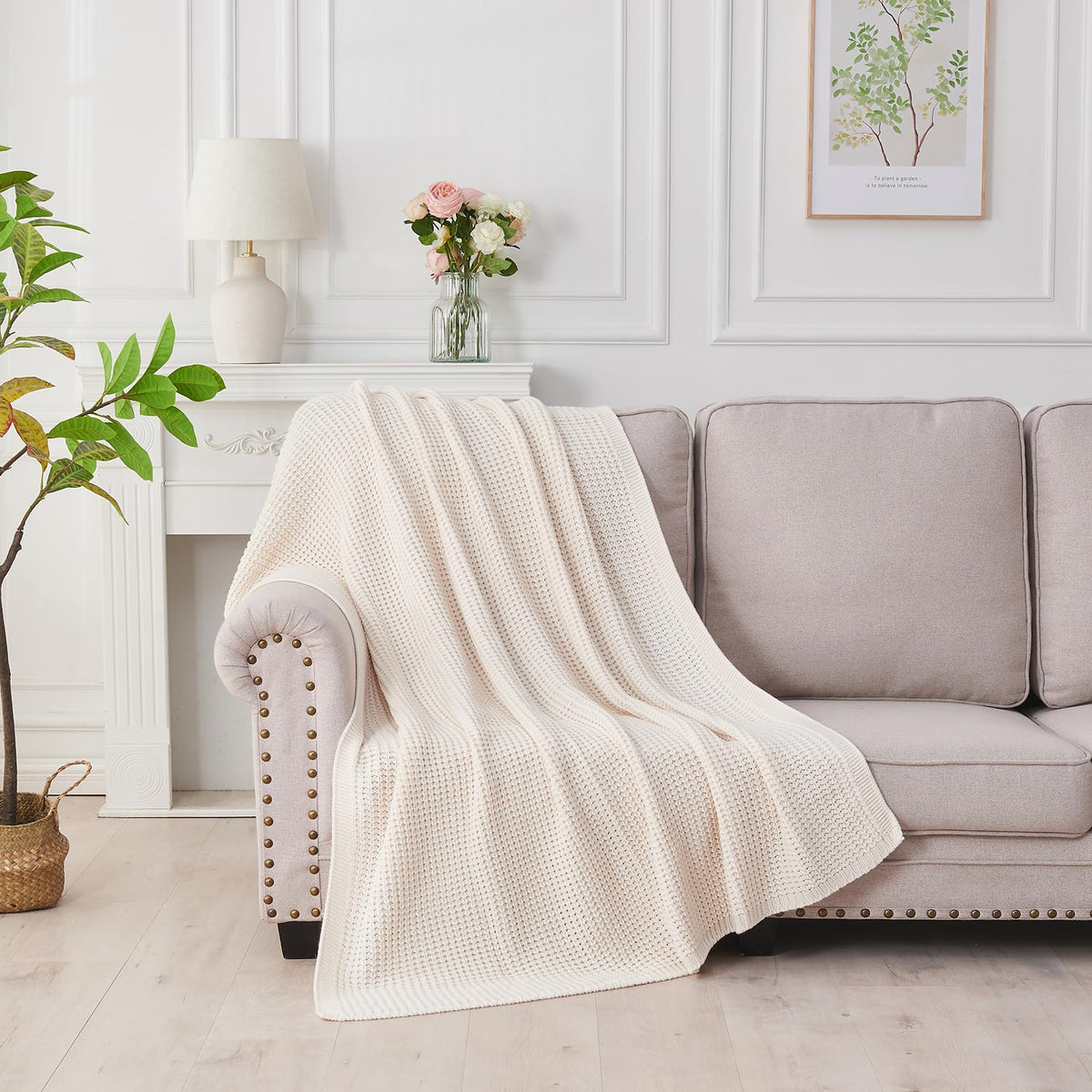 Douceur Cream Throw Blanket for Couch, Soft Chunky Cable Knit Throw Blanket, Classic Fisherman's Rib Stitch Pattern Throw for Living Room,50"X60"