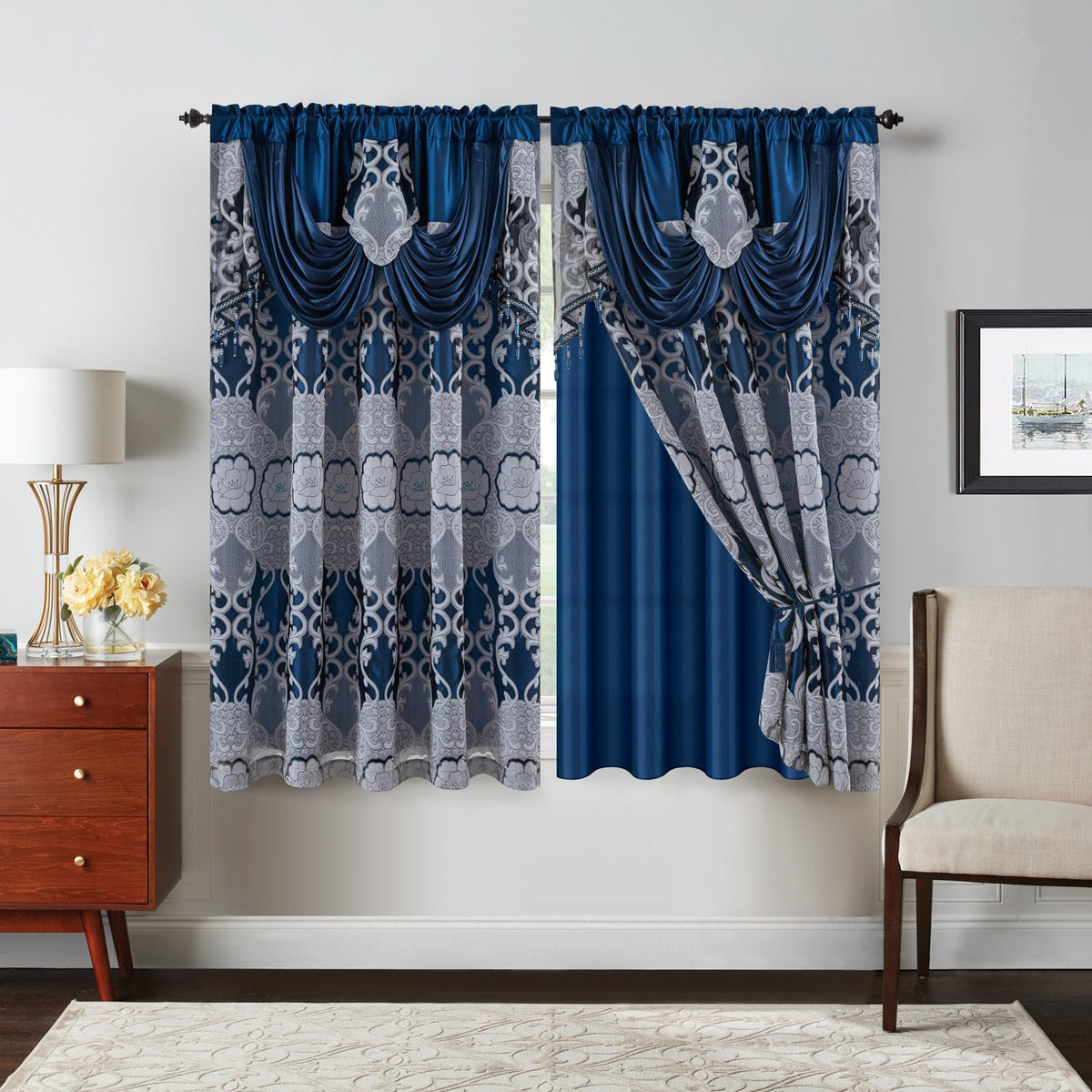 Petrichor Navy Sheer Jacquard Voile Curtains （54" W x 63" L）, 2 Panels with Attached Valance, Double Layer Floral Cutwork Design with Luxurious Texture, Rod Pocket, for Bedroom & Living Room
