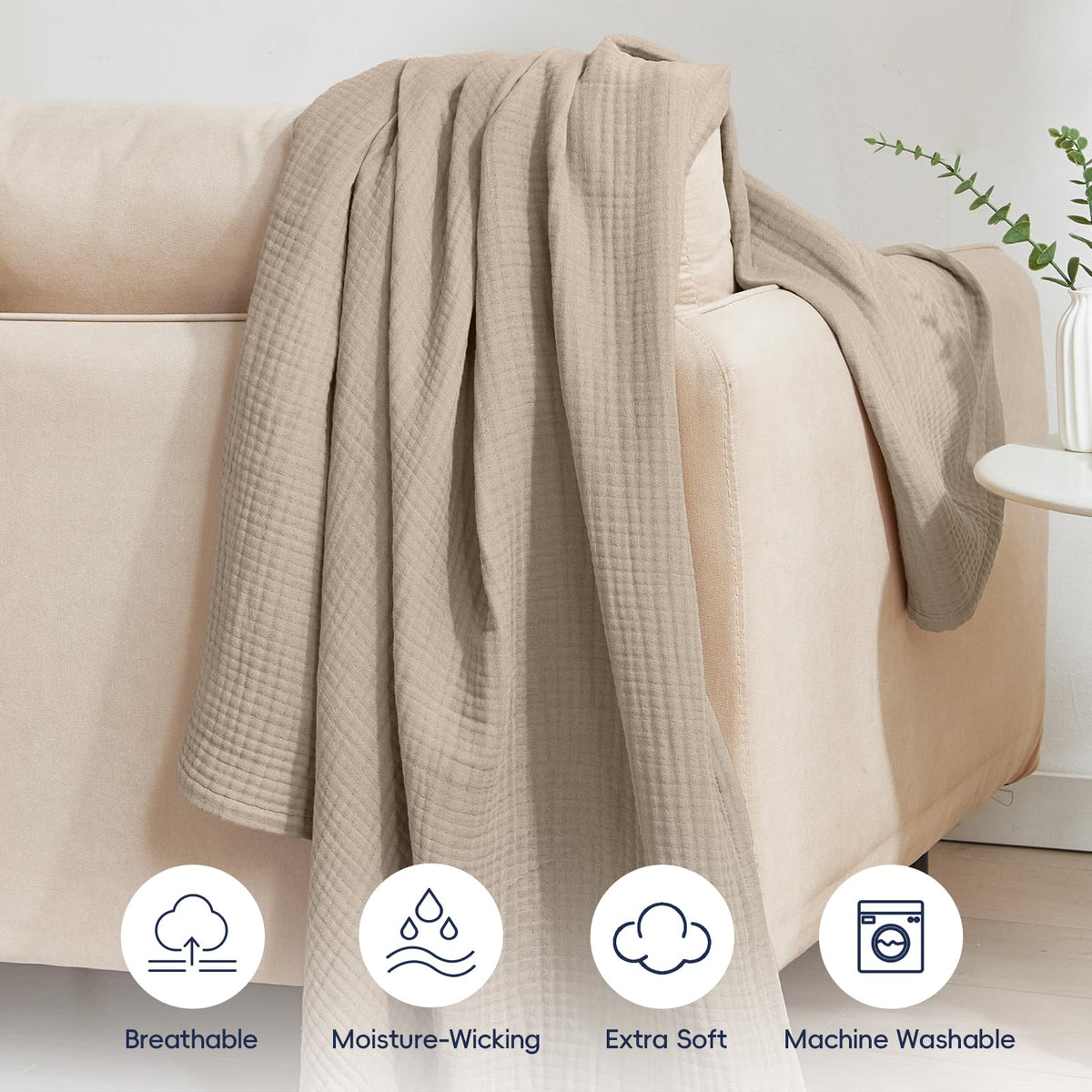 PHF 100% Cotton Muslin Throw Blanket 50" x 60", 4-Layer Lightweight Gauze Throw, Breathable Cloud-Soft Minimalist Blanket for Bed, Couch, Camping, Taupe, Ideal Gift