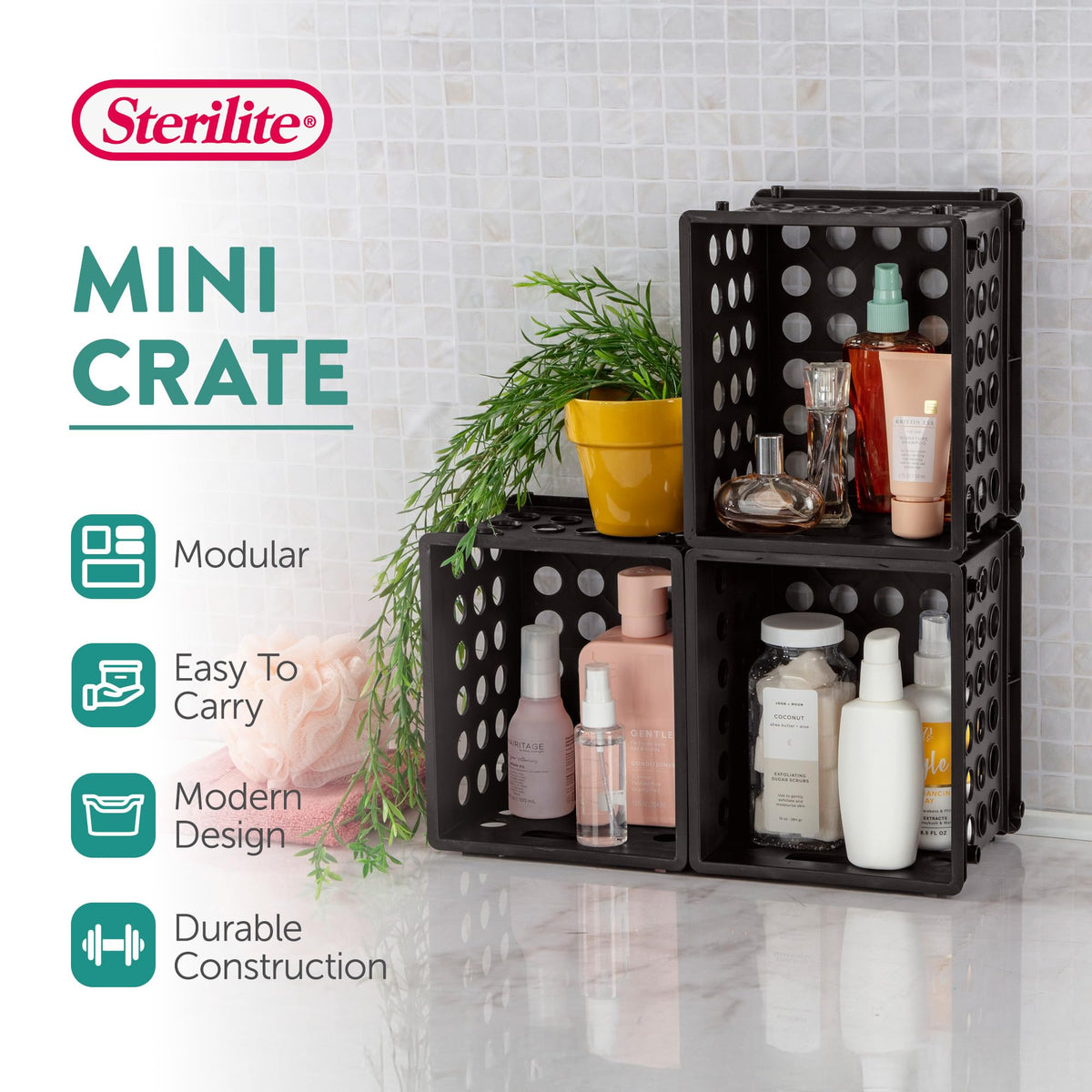 Sterilite Mini Crate, Stackable Plastic Storage Bin with Handles, Organize Home, Garage, Office, School, Dorm Room, Black, 36-Pack